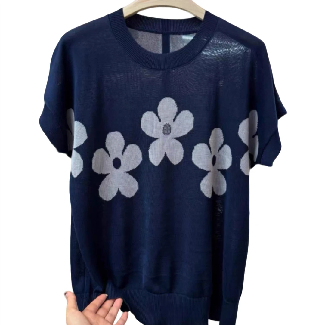 【瑞莎专属】MZ.三朵小花女士圆领莱赛尔天丝短袖针织T恤衫TZ25029