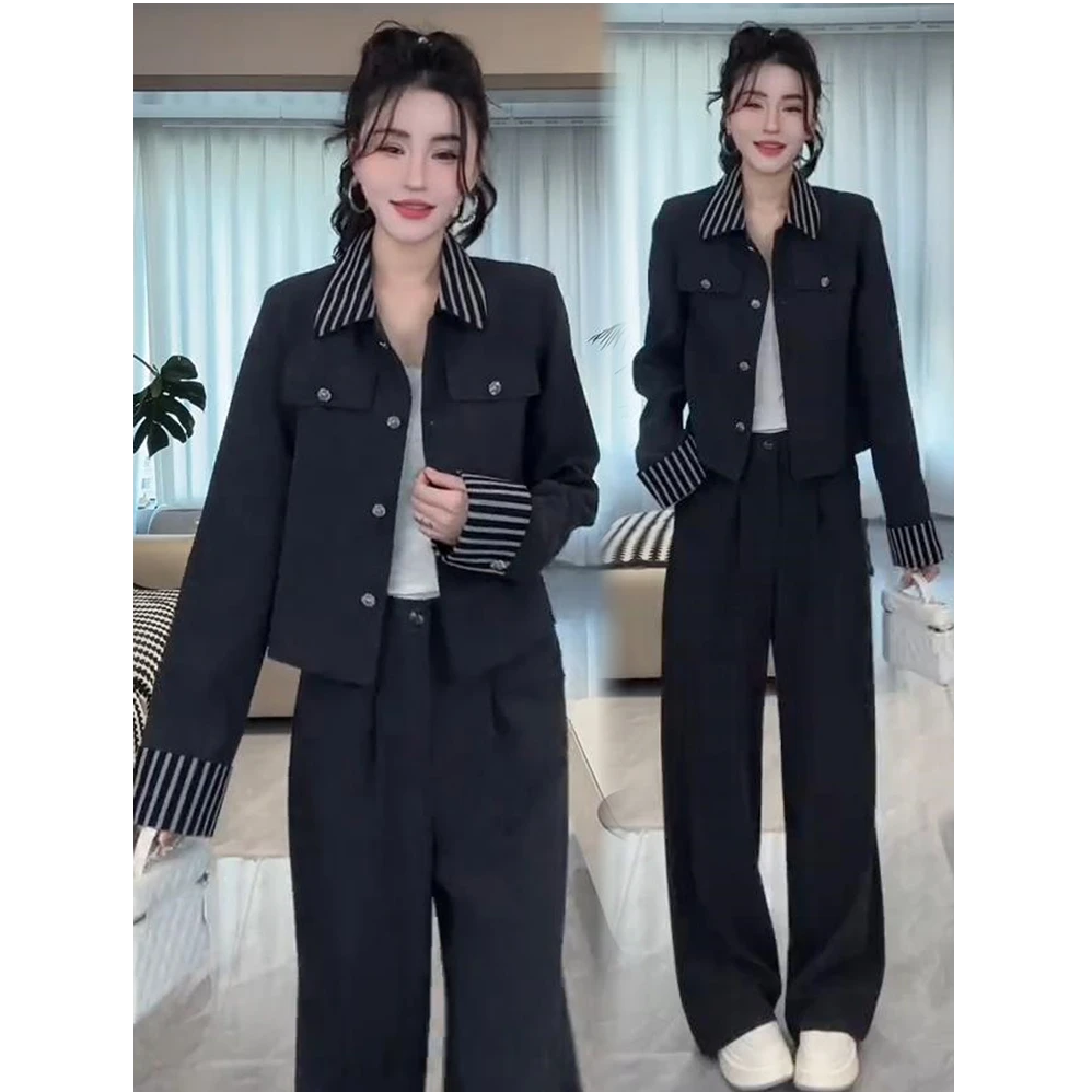 时尚套装女2025秋新款洋气显瘦条纹拼接西装外套阔腿裤气质两件套