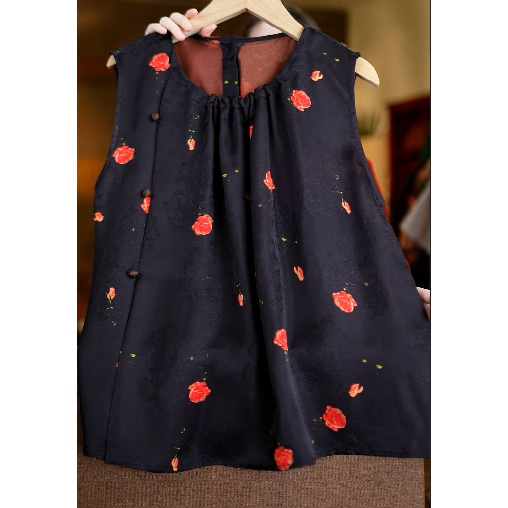 雪凝<<非遗美学>>1280香云纱高级时尚碎花减龄无袖背心