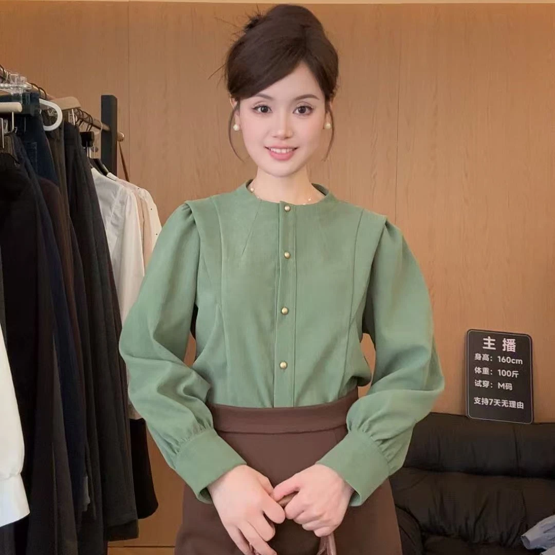 秋冬磨毛衬衫女设计感小众通勤职业小立领衬衣内搭长袖上衣