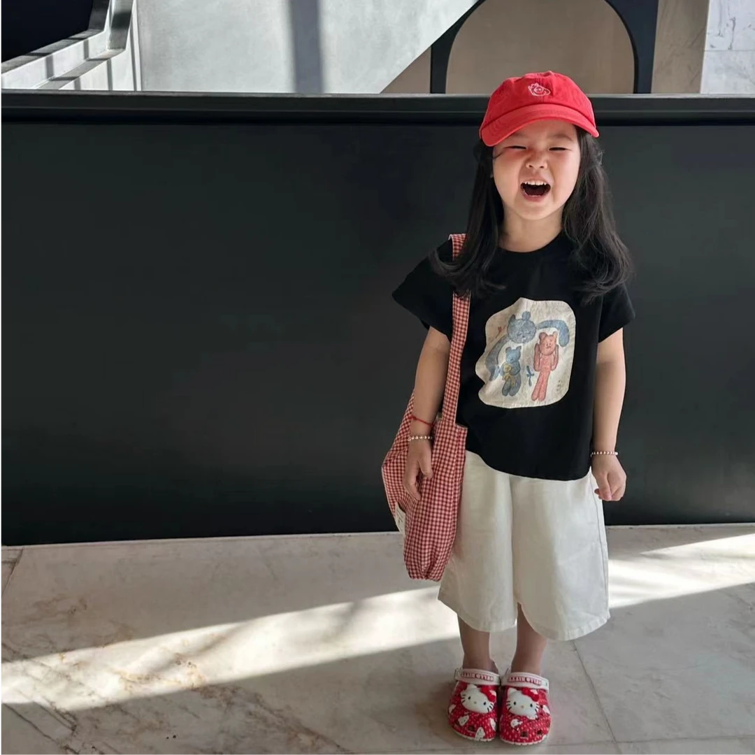 《小思家》女童2025夏季新款韩休闲甜酷小熊短袖军绿色工装短裤套装