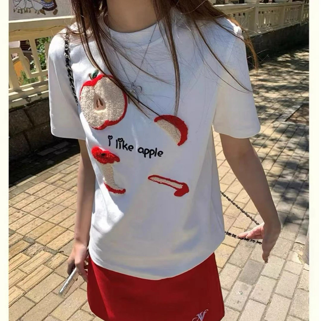 NICE圈圈、I like apple苹果毛巾刺绣正肩短袖T恤A5202