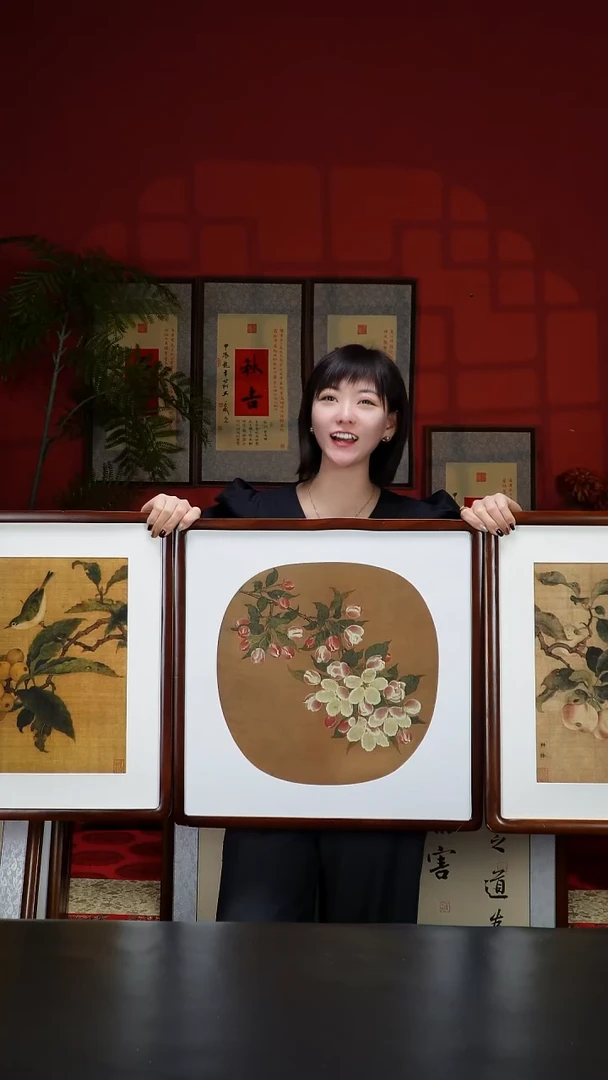 实木竖款53*53果熟三联画