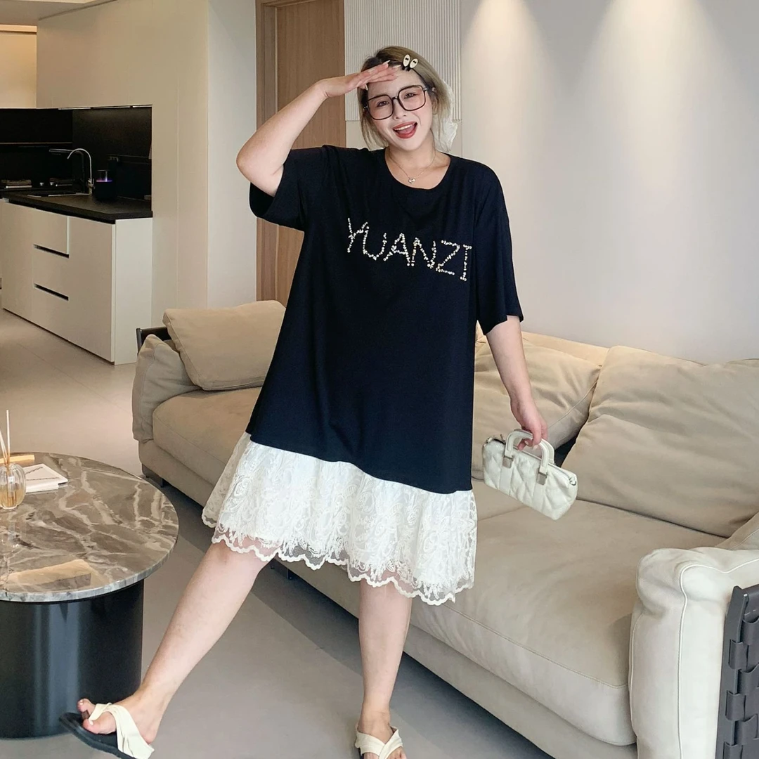 媛子大码重工钉珠拼接蕾丝连衣裙夏季新款胖mm遮肉显瘦高级感女装