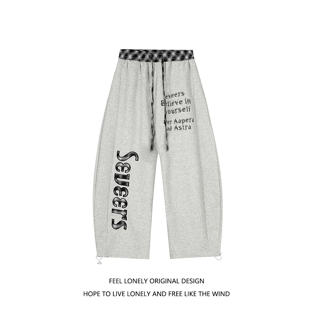 美式复古刺绣格子拼接弯刀休闲裤女2025宽松hiphop嘻哈阔腿裤