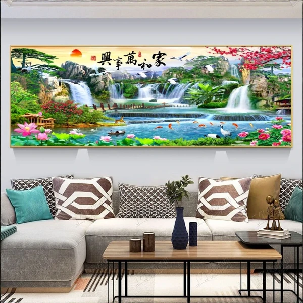家和万事兴山水新中式横幅画客厅沙发背景晶瓷立体镶钻装饰挂画