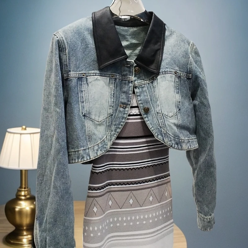 短外套短款百搭修身型休闲蓝色春季薄款水洗上衣秋季拼接重工