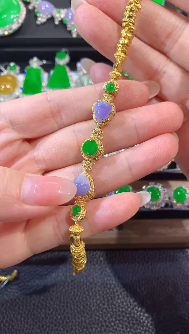 18K金镶嵌手链翡翠A51 紫货有一定色差