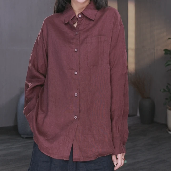 东倪MF 亚麻色小口袋复古休闲宽松长袖衬衫新款 85B2501-1