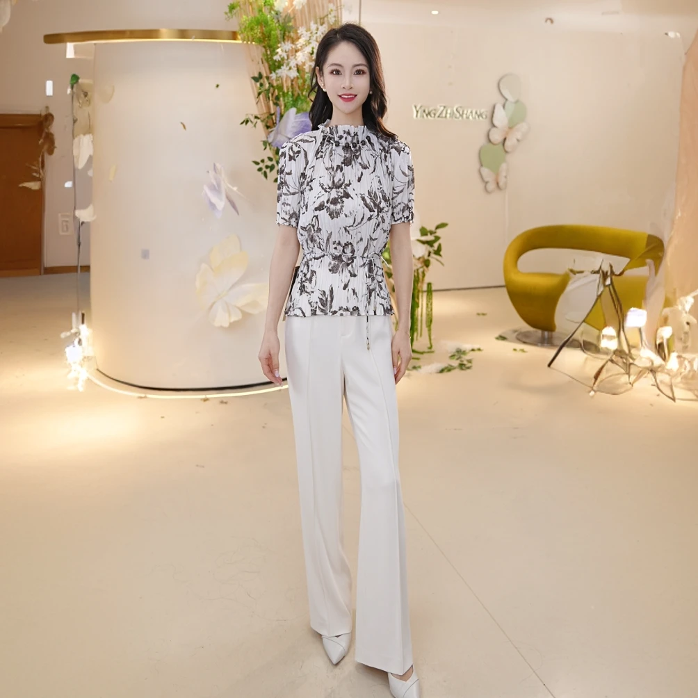 赢智尚手绘玉兰花印花压褶上衣女搭阔腿裤春夏套装女ZB-ZD00944