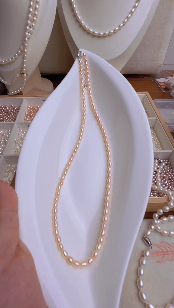 淡水珍珠未镶嵌项链3.5-4mm45cm香槟米珠随型少暇钢丝线延长链