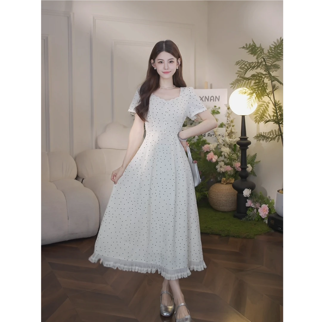 鹿向南「小步圆舞曲」复古甜美女夏季新款法式收腰波点连衣裙