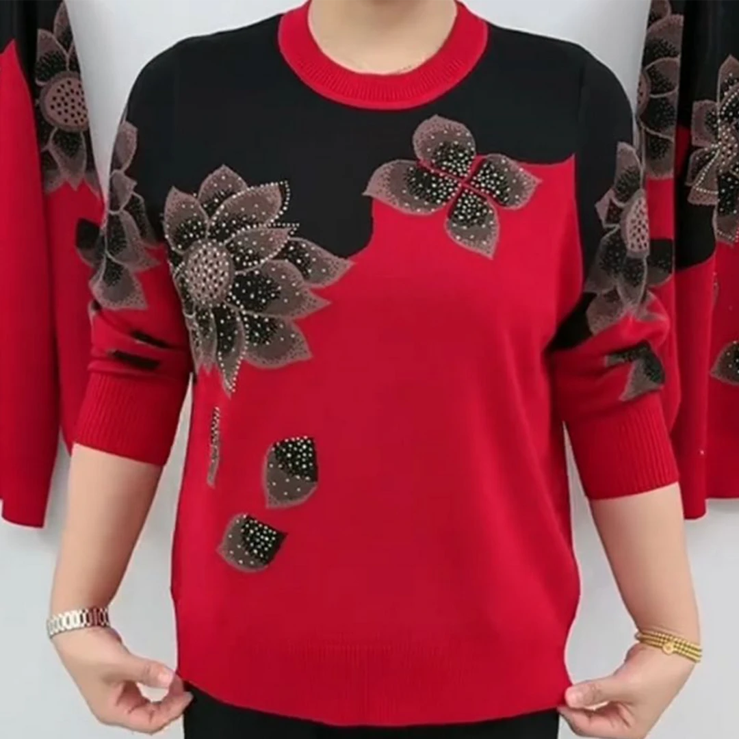 2025秋季新款洋气休闲减龄针织衫圆领镶钻大码套头韩版打底小衫