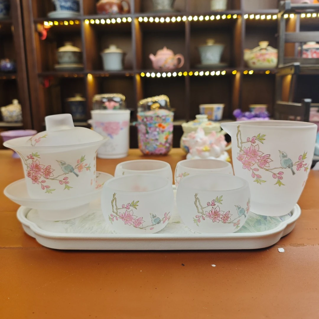 ZH930-喜上眉梢琉璃盖碗杯子公道杯茶盘整套茶具