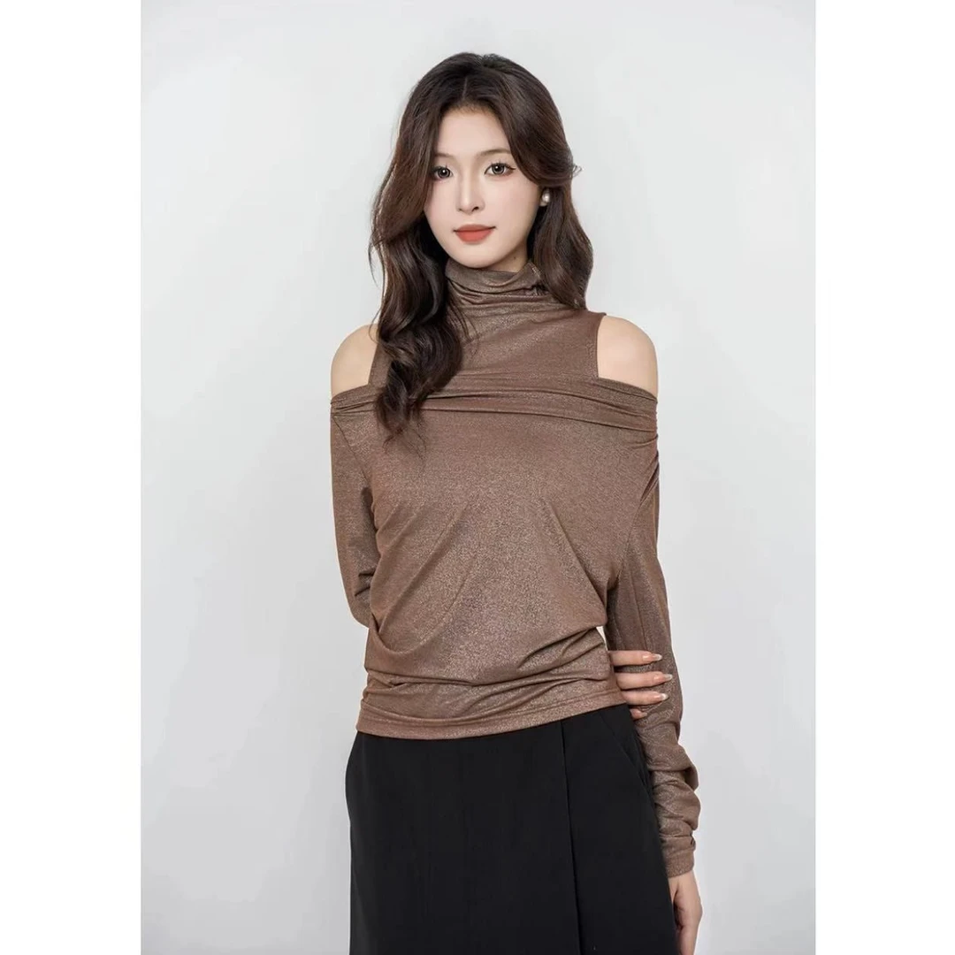 AMASS/阿玛施新款设计感露肩长袖T恤女时尚打底衫附内搭5301086