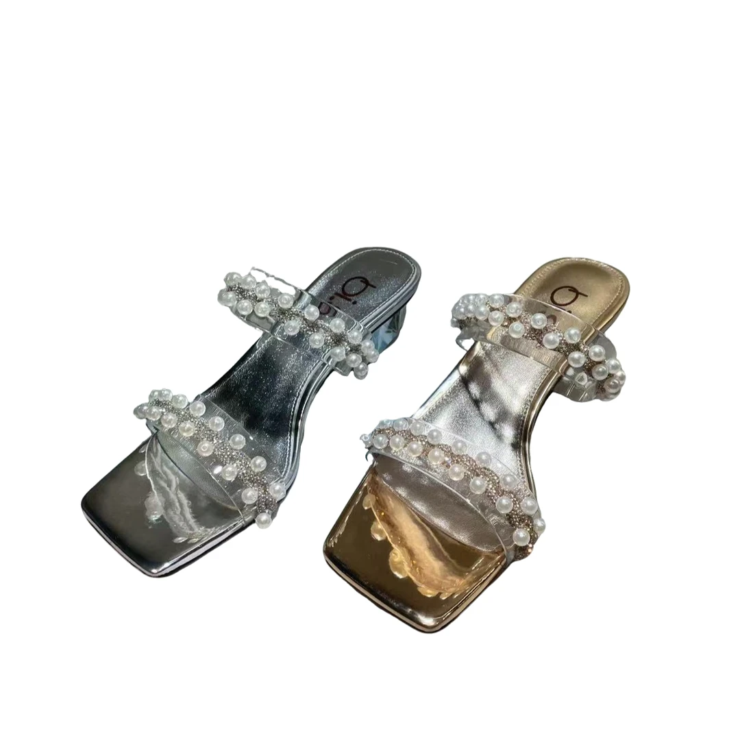 比上2025夏季新款真皮水钻一字带粗跟仙女风高跟鞋凉鞋女1821-1