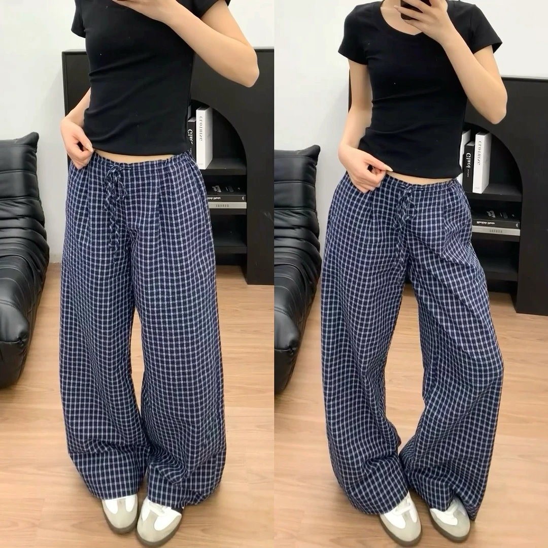 复古格子休闲阔腿裤子女夏季新款高腰显瘦直筒裤百搭垂感清爽长裤