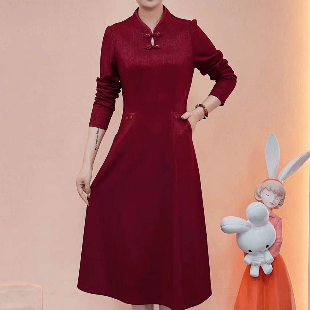 X0313 洋气时尚显瘦连衣裙修身女长袖气质立领国风旗袍裙子