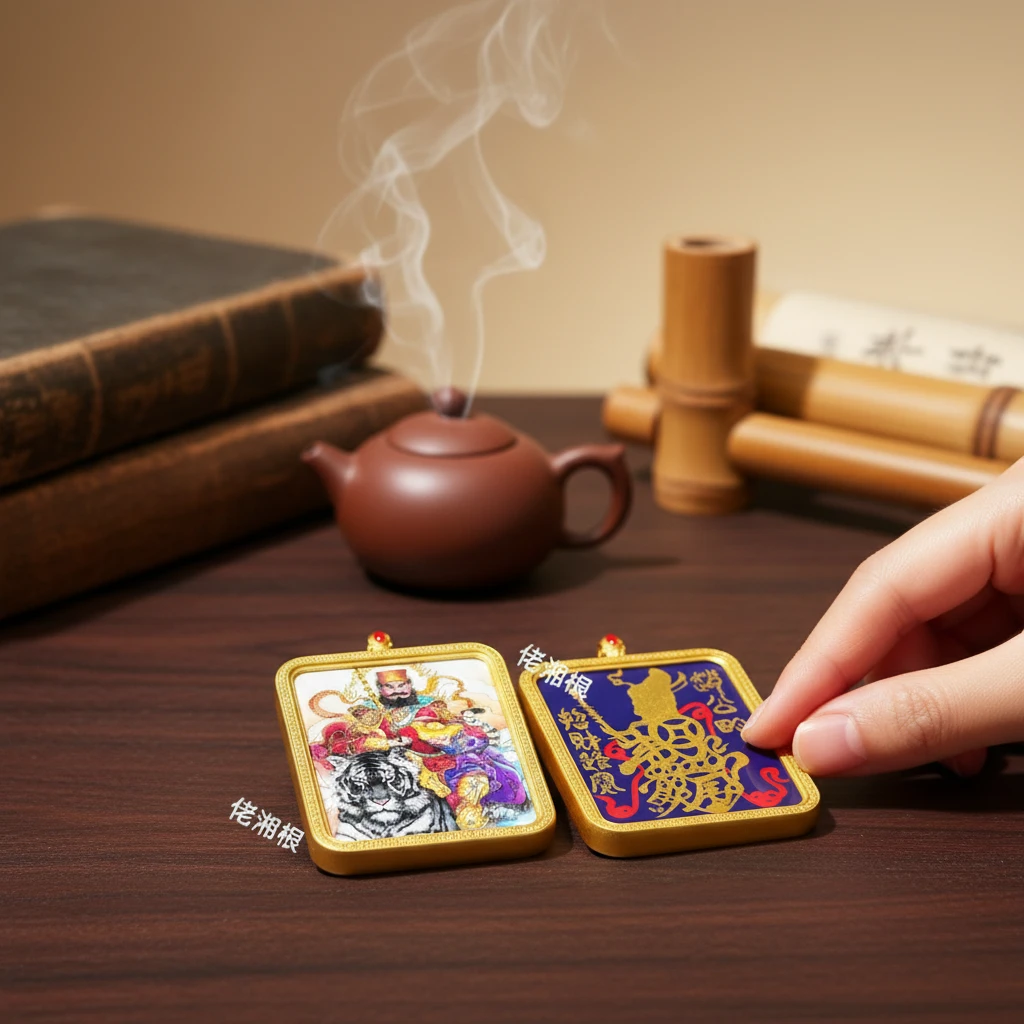 佬湘根唐卡吊坠赵公明金卡牌双面复古手工挂坠精美毛衣链挂件定制