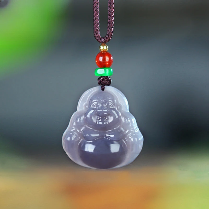 正品新疆天然和田玉烟紫大肚弥勒佛吊坠女项链佛公挂件玉佩项坠