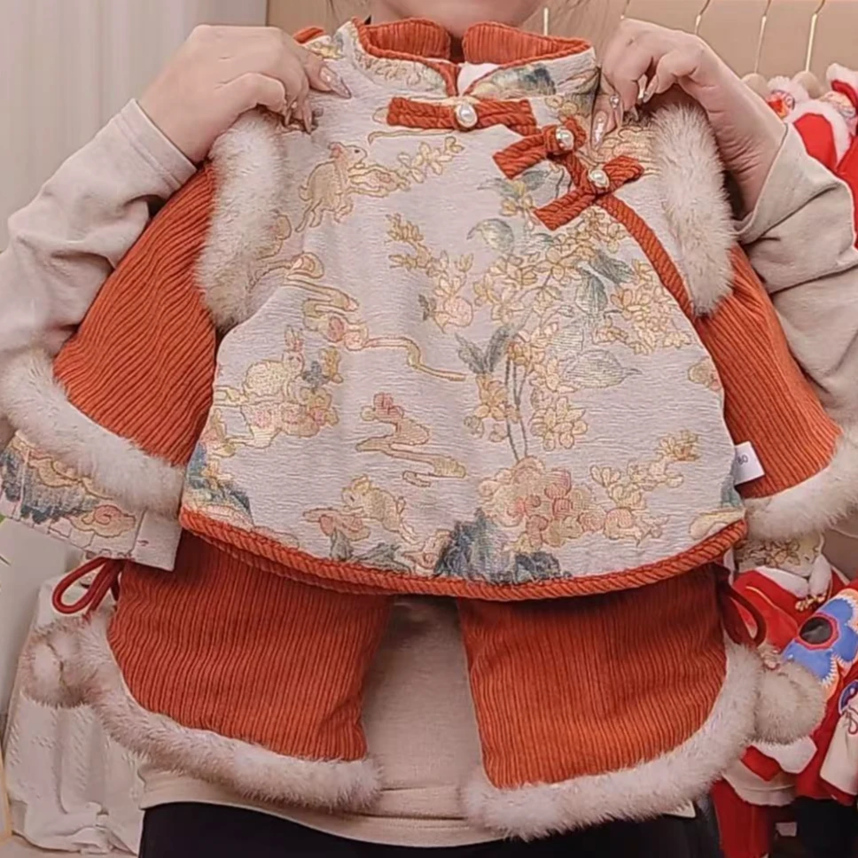 【金宫玉兔】冬款国风刺绣花朵斜襟盘扣加绒加厚套装
