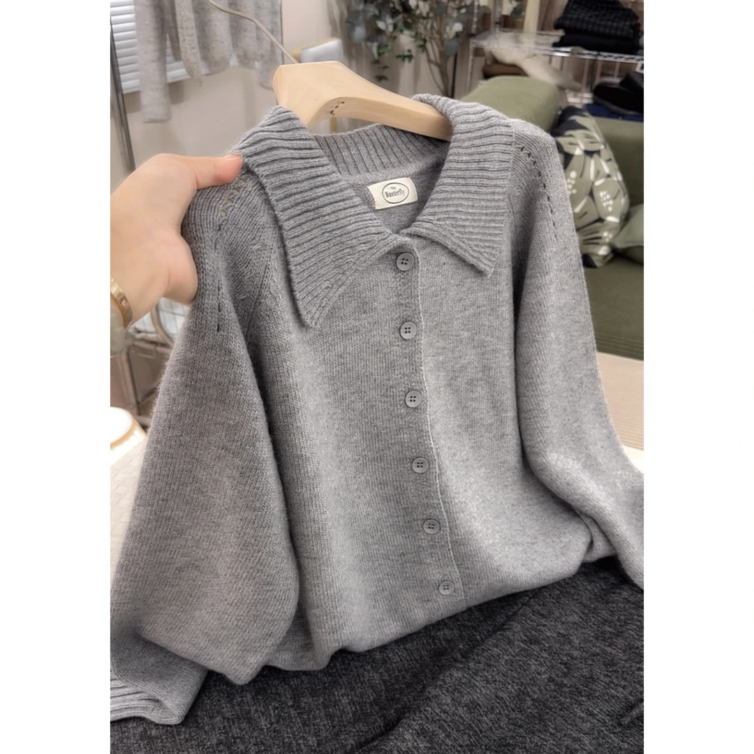 3558【高级感云烟灰翻领开衫】秋季新款女士欧货毛衣宽松外穿