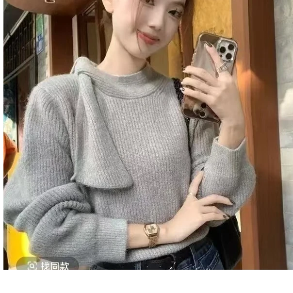 半高领绑带套头毛衣女秋冬新款慵懒风宽松显瘦气质百搭针织上衣