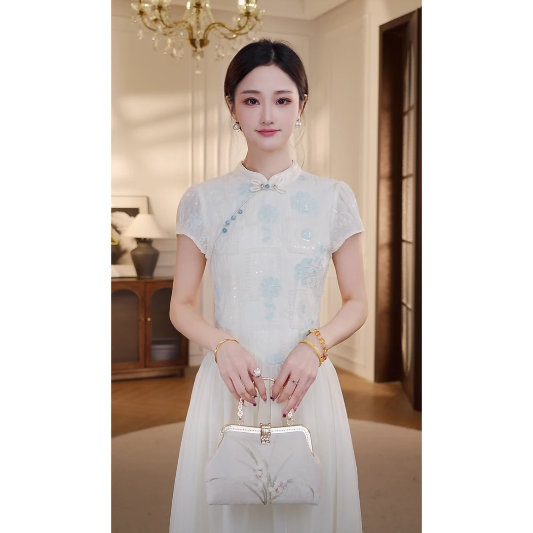 【双双&GERTCOREL】月光手书 新中式盘扣显瘦长款连衣裙 XJ252L1119