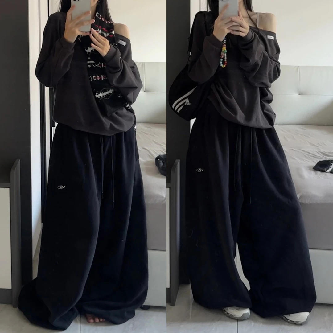 美式复古黑色阔腿裤女春秋季新款宽松休闲垂感抽绳松紧腰跳舞裤子