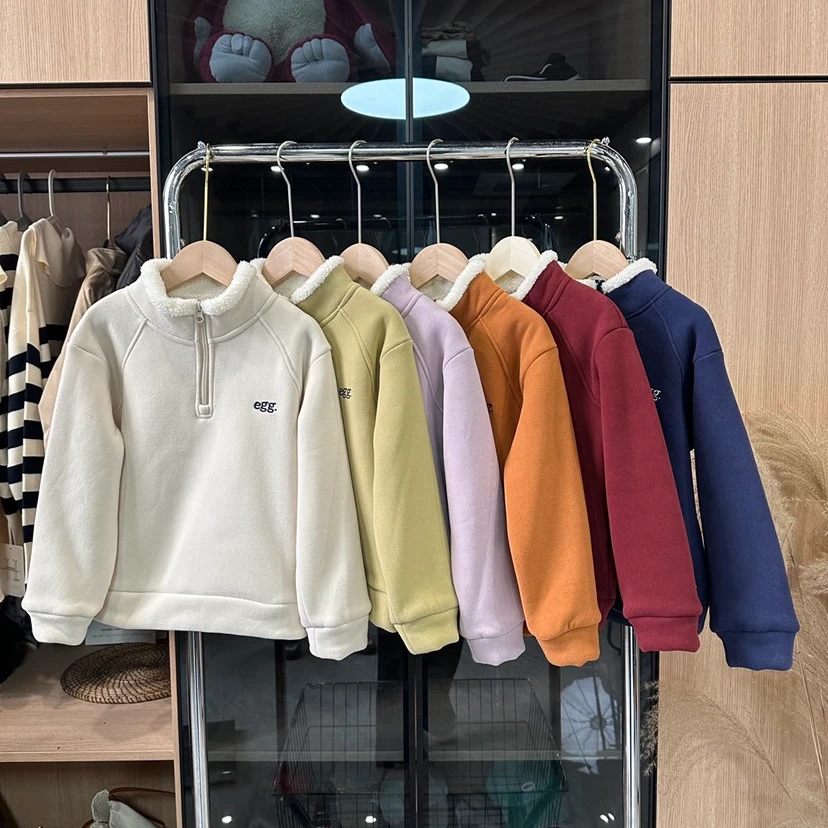 冬季爆款男童女童长袖休闲加绒加厚纯色高领保暖北极绒半拉链卫衣