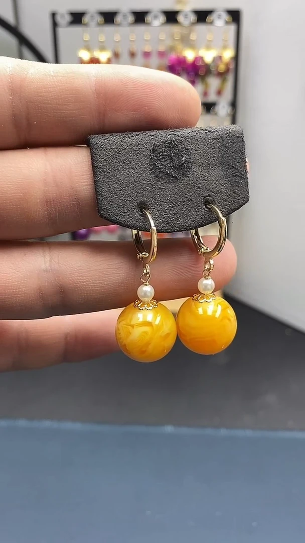 【闪购商品】蜜蜡耳饰银S925镀金镶嵌尺寸16mm耳扣06