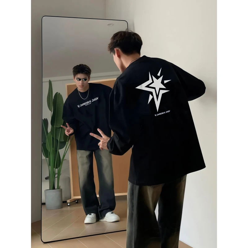 重磅潮牌复古字母印花长袖T恤男秋冬季宽松美式高街纯棉打底上衣