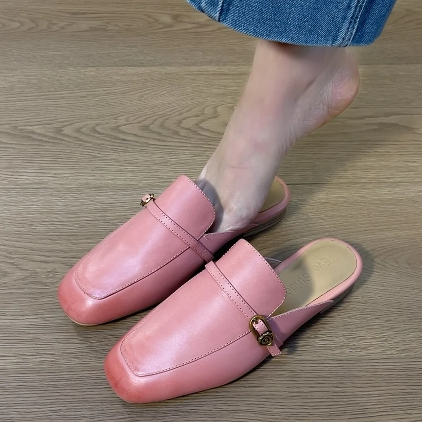 拖鞋2025新款全皮休闲百搭简约款平底懒人拖方头气质甜美凉拖女款