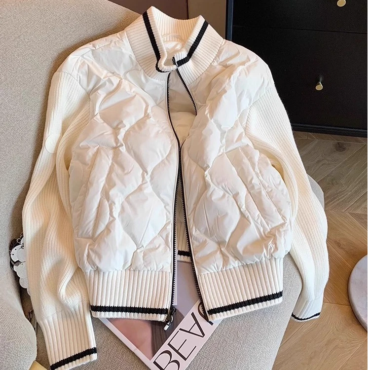 日系复古设计感针织拼接菱格棉服外套男女秋冬时尚宽松立领棒球服