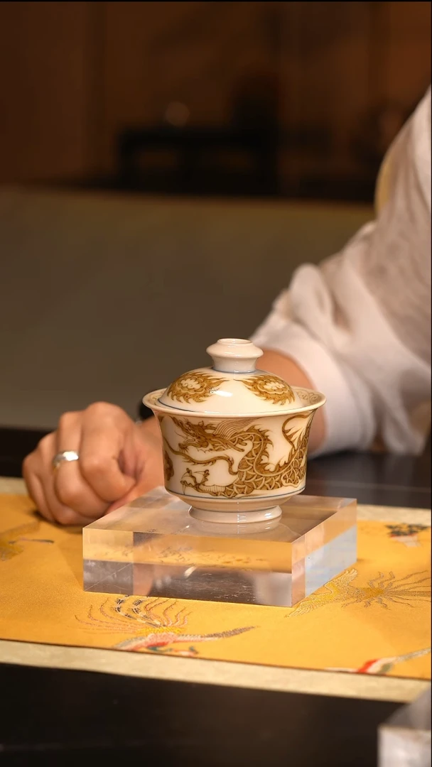 预售十五天先发茶巾LQT立勤堂青花釉里金全金龙盖碗