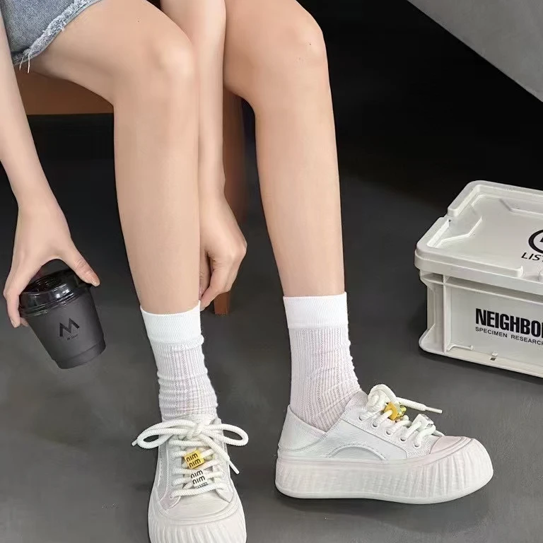 真皮厚底小白鞋女韩版春季新款chic小众面包鞋百搭学生运动板鞋子