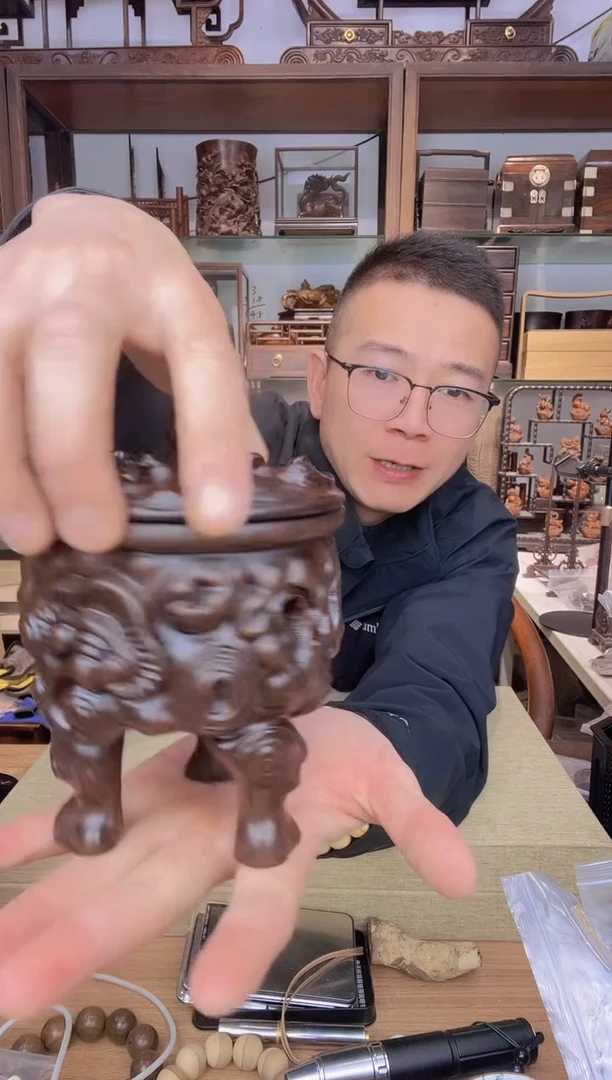 【闪购商品】乌木类书架130黑檀木雕刻灵芝三足香炉