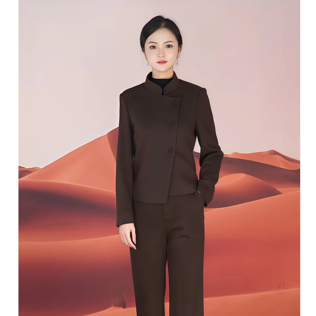 2025深咖色斜门襟西装冬季羊毛复合加厚面料保暖时尚套装修身显瘦
