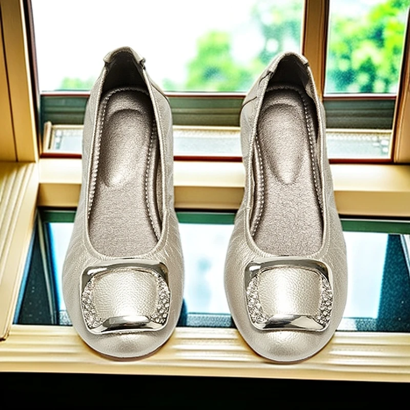 无品牌牛皮女鞋真皮软底蛋卷鞋平底妈妈鞋单鞋中年圆头豆豆鞋女