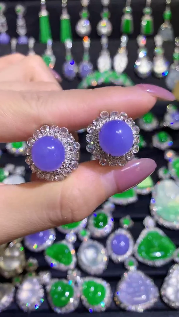 翡翠18K金镶嵌耳饰高冰紫罗兰蛋面耳包