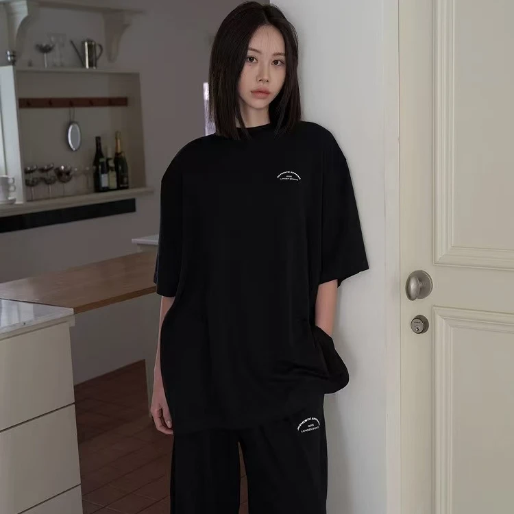 现货-韩国东大门正品代购Langer大灯宽松字母短袖T恤长裤休闲套装