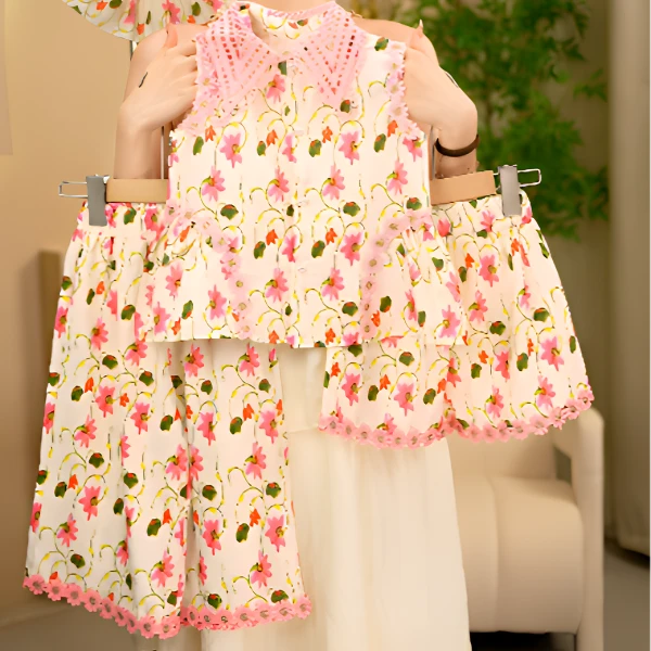 甜柚kids花仙子2026夏季花边碎花印花粉色洋气短款女童休闲套装