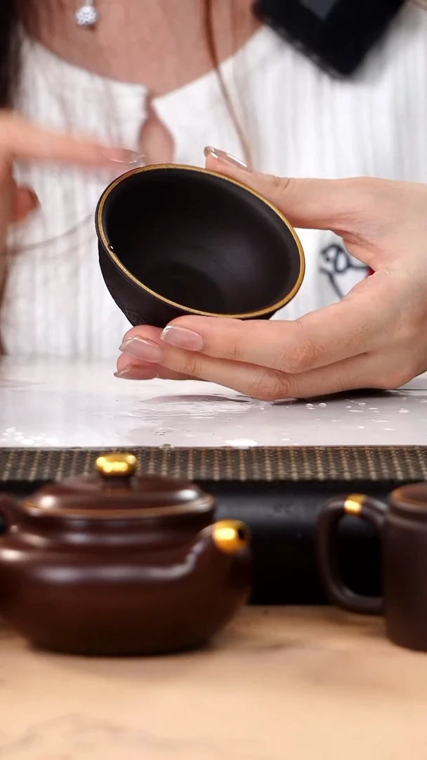 茶壶紫砂四号井茄皮紫泥描金小碗杯