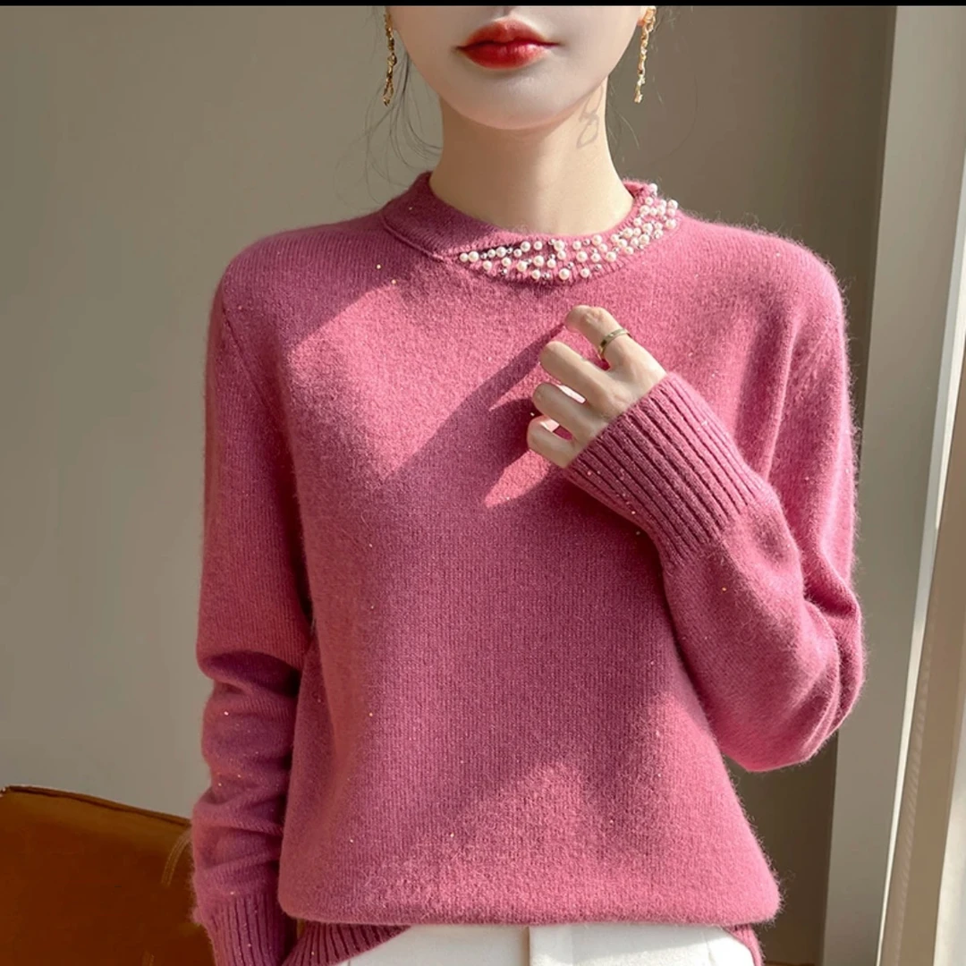 【专柜品质】时尚洋气宽松百搭针织衫毛衣圆领钉珠厚款打底衫女装C3