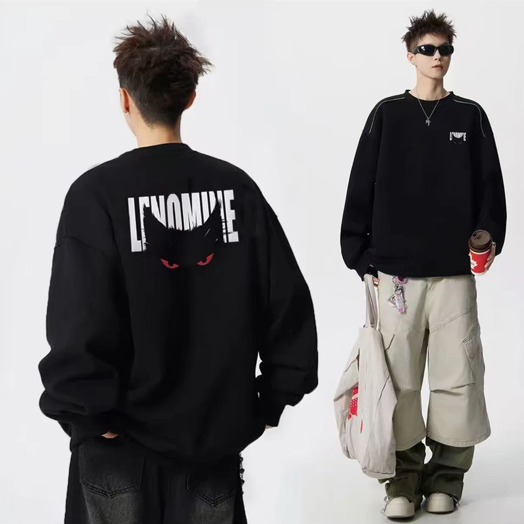 重磅美式设计感圆领卫衣男秋季恶魔字母日系T恤嘻哈男装港风长袖