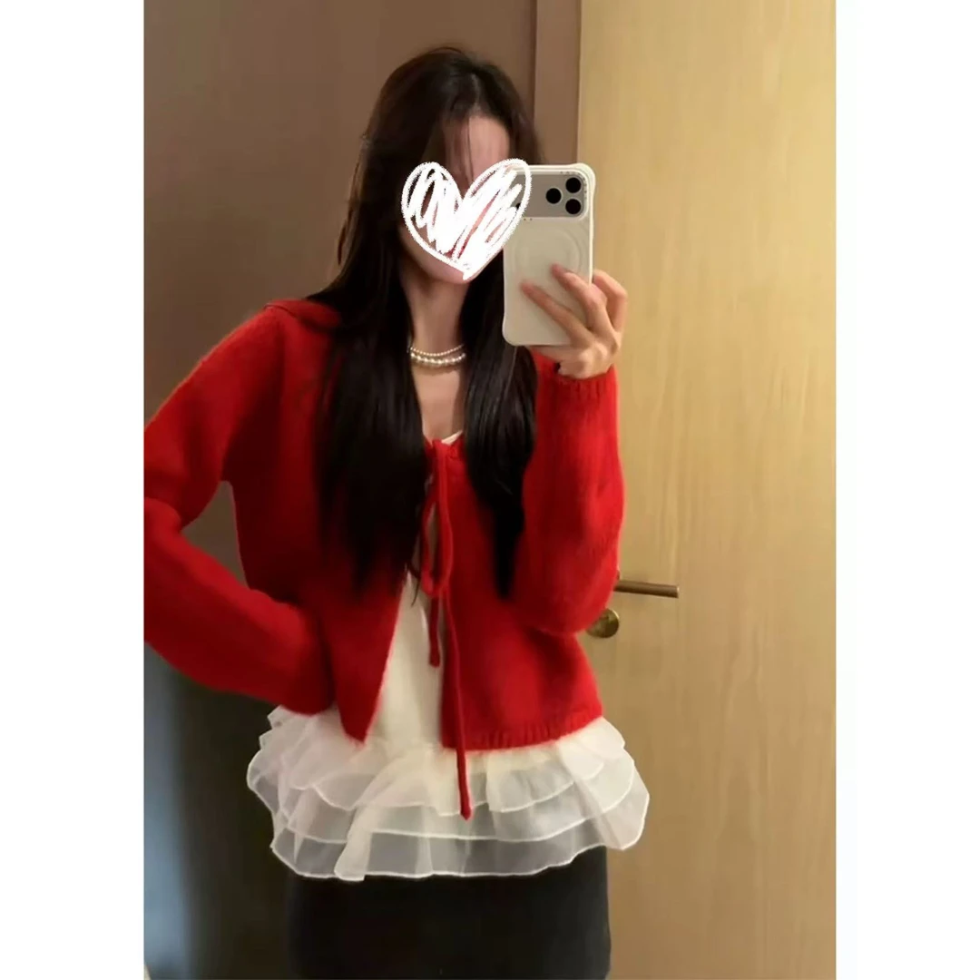 上衣女装气质INS风纯色开衫红色时尚套装短款圆领