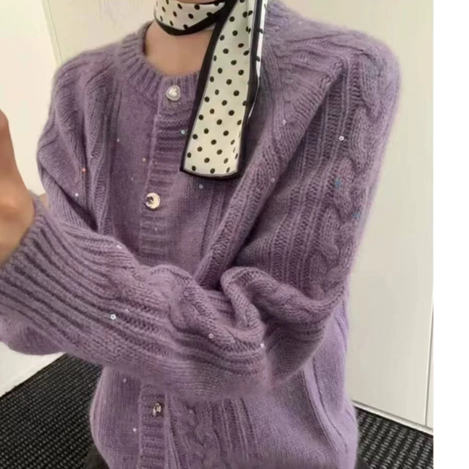 【麻花亮片开衫】圆领单排扣麻花亮片温柔风毛衣