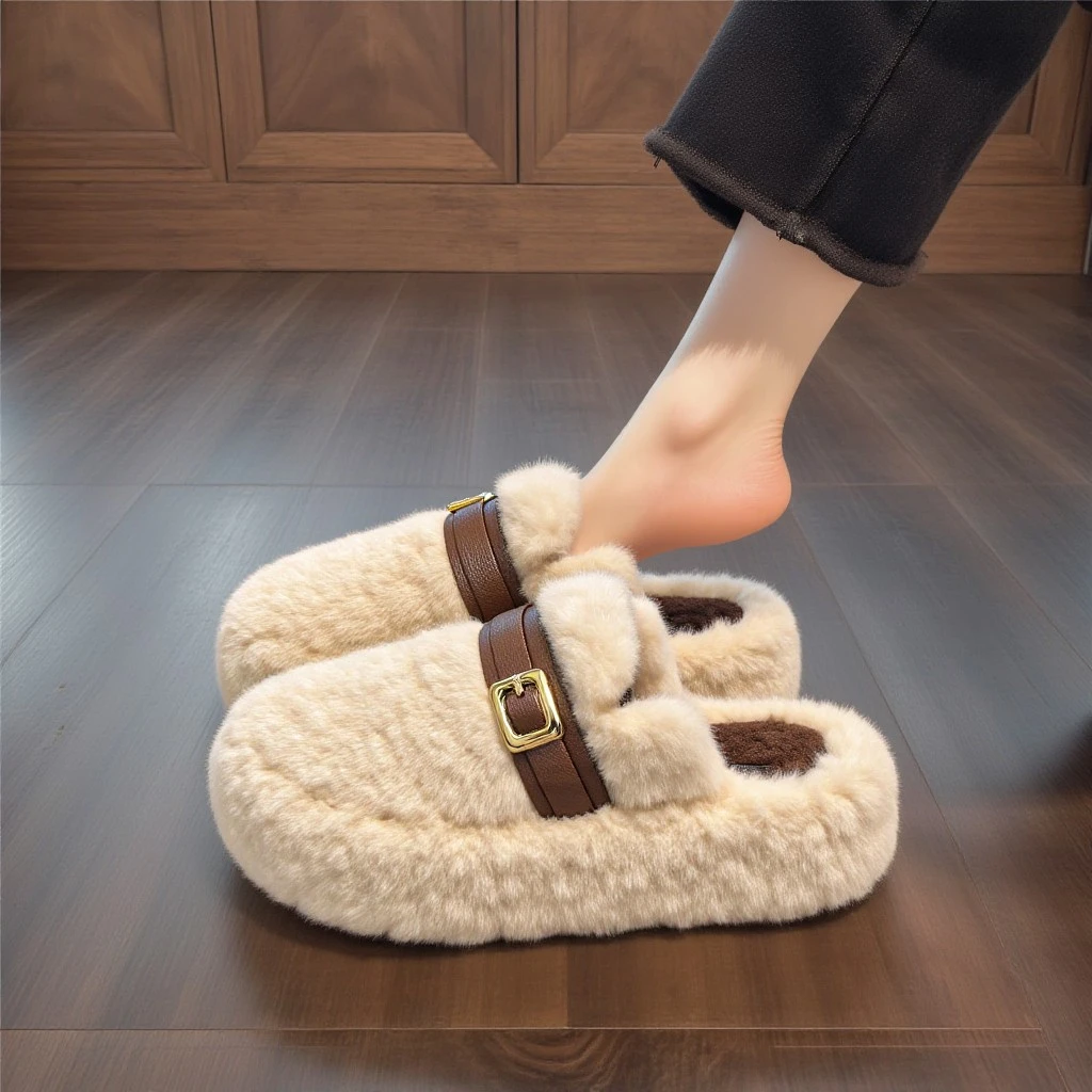 厚底增高加绒保暖包头棉拖女2025冬季新款百搭时尚休闲轻便毛拖鞋