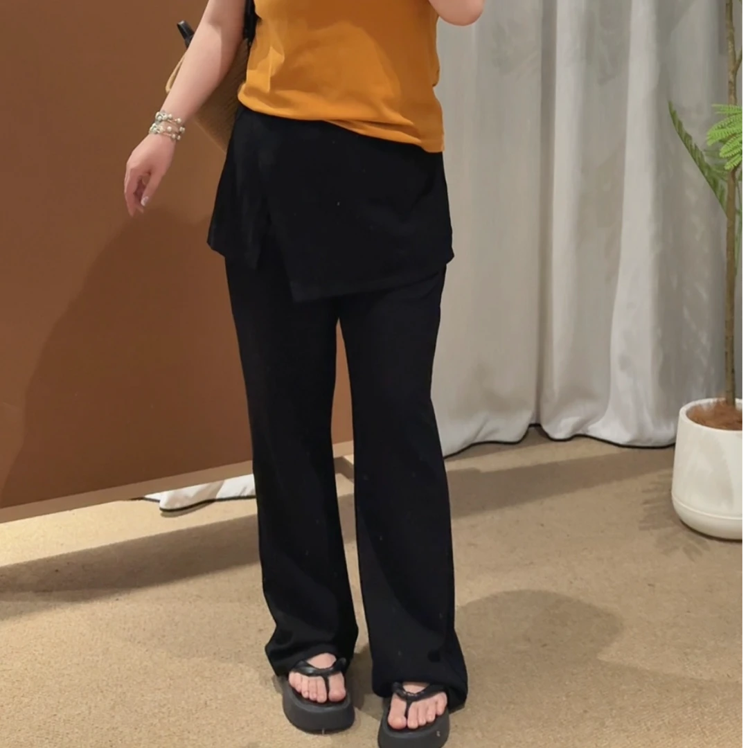 大码胖妹妹春季新款显瘦高腰韩版气质假两件设计遮胯屁帘微喇长裤