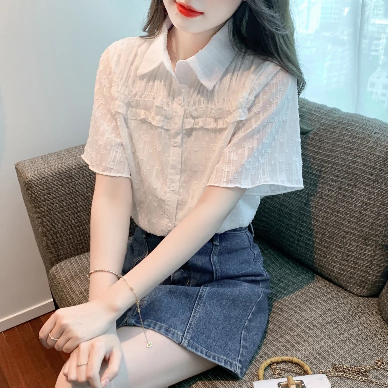 Polo领短袖雪纺衬衫上衣夏季2025新款设计感小众法式百搭洋气衬衣